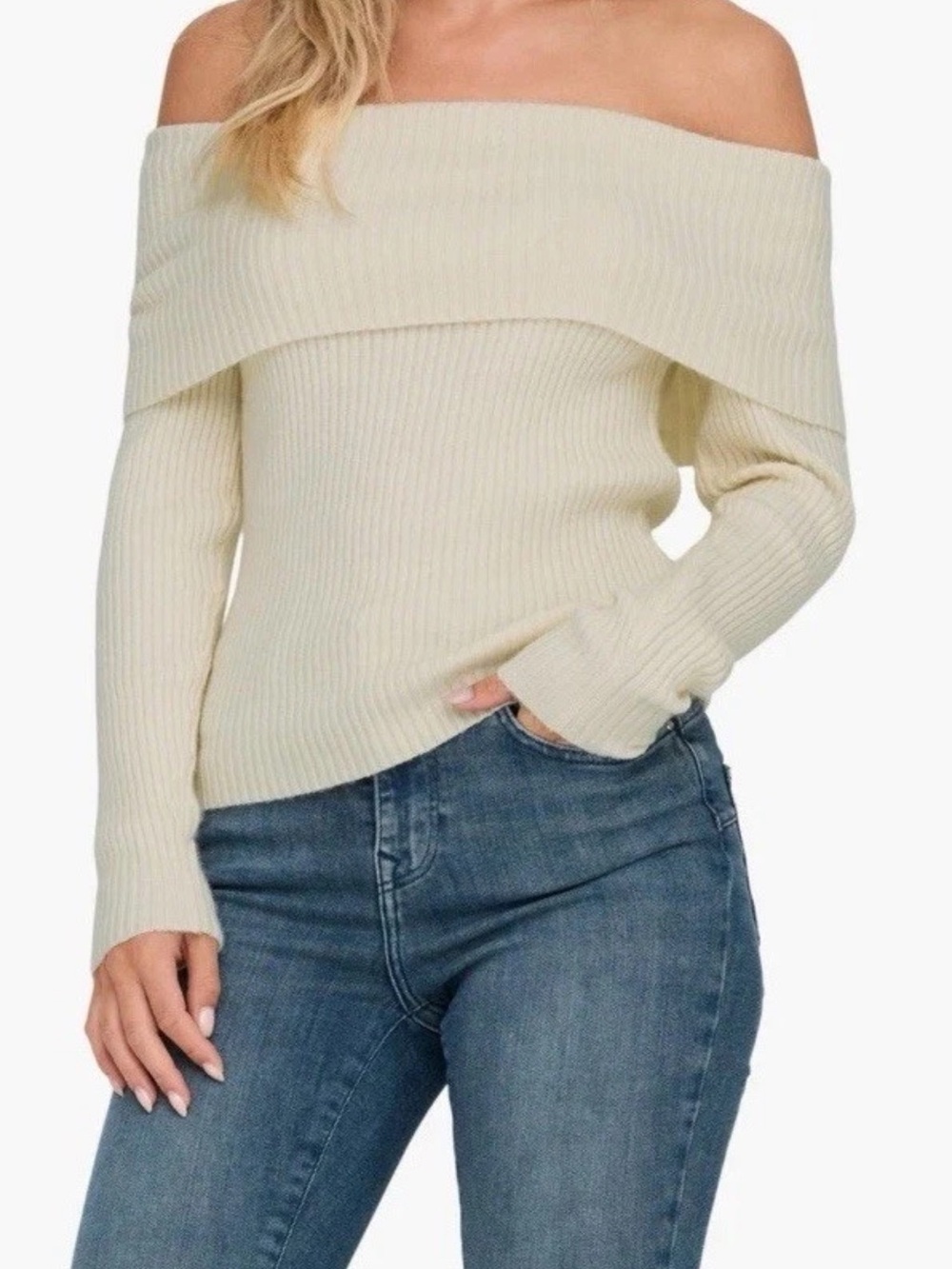 Only Women's Medium Cream Beige Ribbed Knit Off-Shoulder Long Sleeve Top NWT